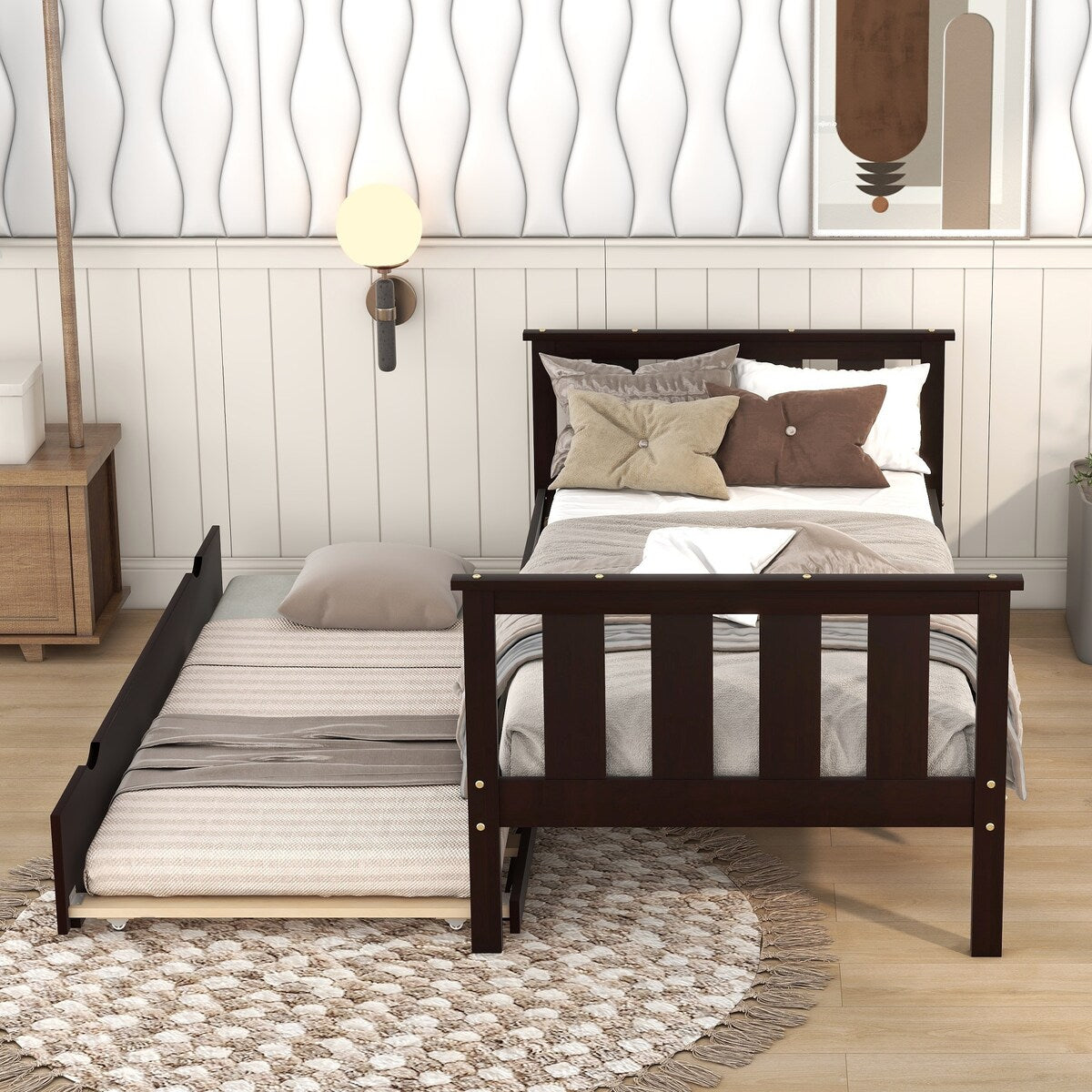 Bed Frame Wood Twin Platform Bed with Pull Out Trundle