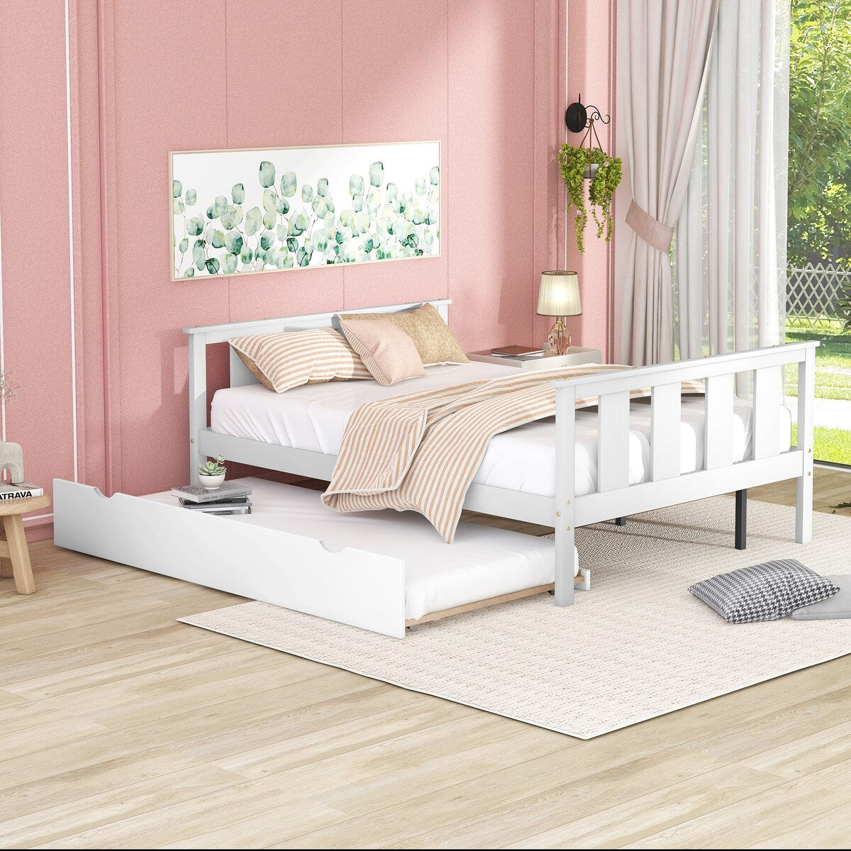 Bed Frame Wood Twin Platform Bed with Pull Out Trundle
