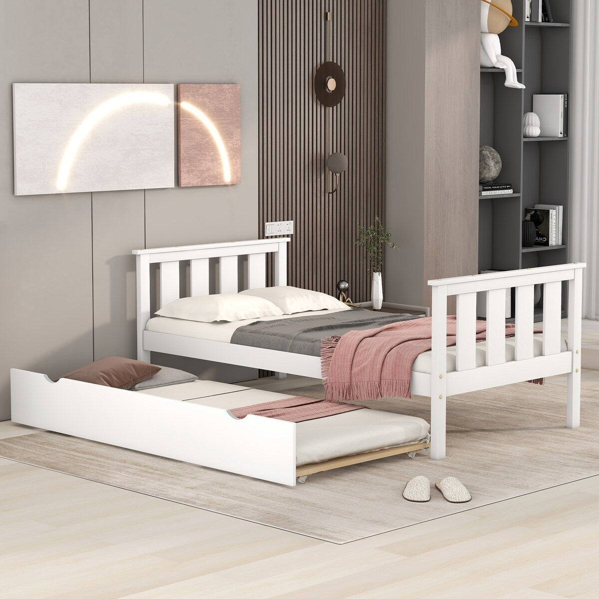 Bed Frame Wood Twin Platform Bed with Pull Out Trundle