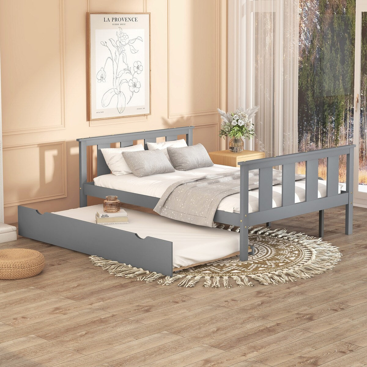 Bed Frame Wood Twin Platform Bed with Pull Out Trundle