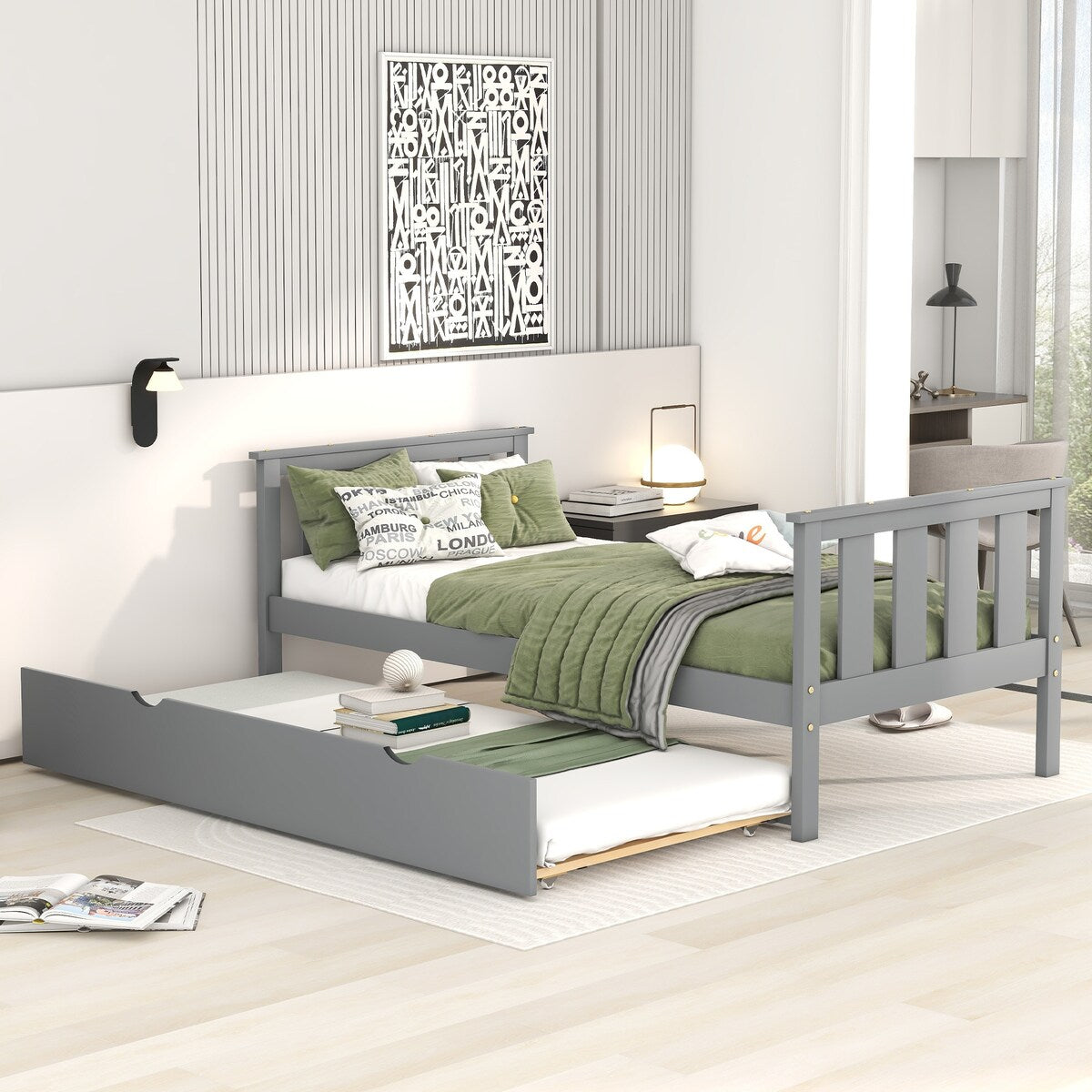 Bed Frame Wood Twin Platform Bed with Pull Out Trundle