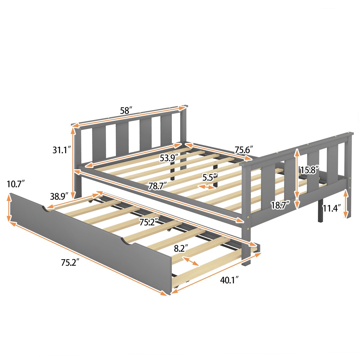 Bed Frame Wood Twin Platform Bed with Pull Out Trundle