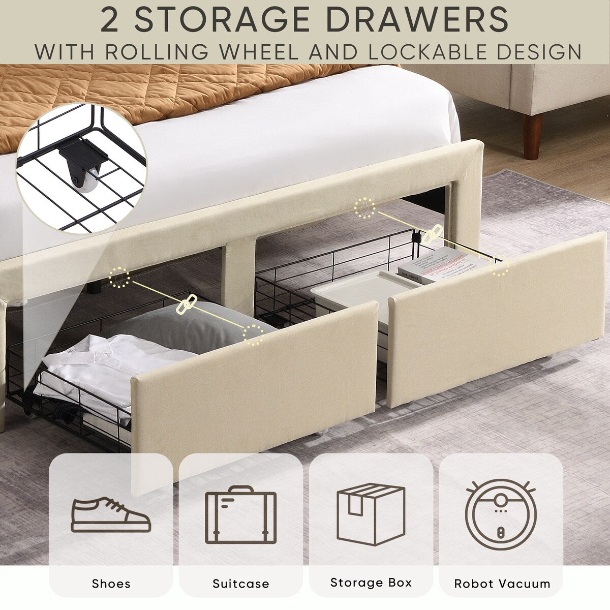 Bed Frame w/ Wingback Headboard & 2 Drawers & USB-Queen, Beige
