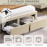 Bed Frame w/ Wingback Headboard & 2 Drawers & USB-Queen, Beige