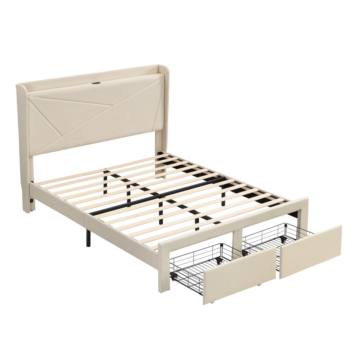 Bed Frame w/ Wingback Headboard & 2 Drawers & USB-Queen, Beige
