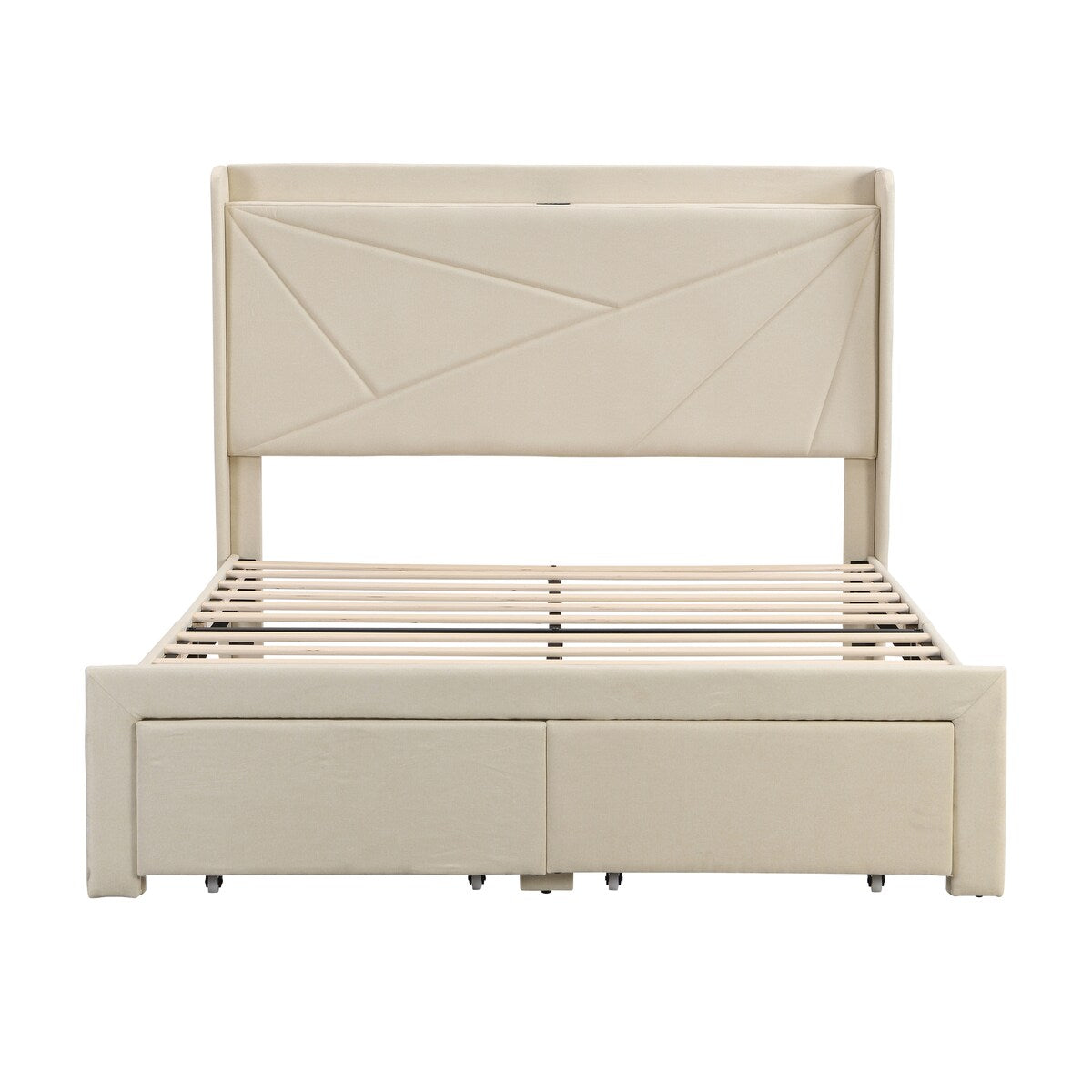 Bed Frame w/ Wingback Headboard & 2 Drawers & USB-Queen, Beige