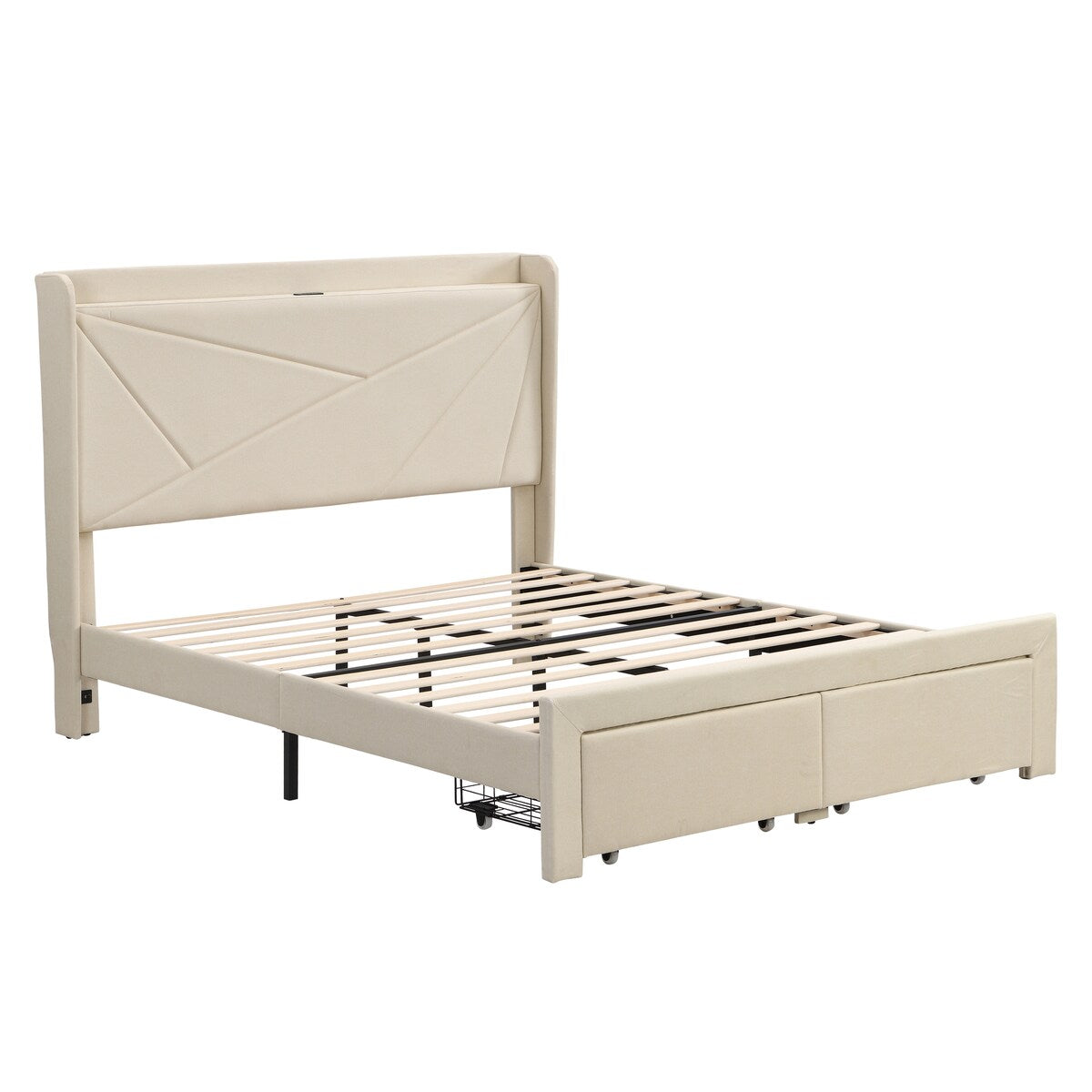 Bed Frame w/ Wingback Headboard & 2 Drawers & USB-Queen, Beige