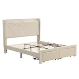 Bed Frame w/ Wingback Headboard & 2 Drawers & USB-Queen, Beige