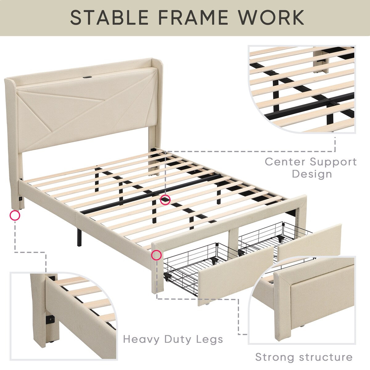 Bed Frame w/ Wingback Headboard & 2 Drawers & USB-Queen, Beige