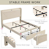 Bed Frame w/ Wingback Headboard & 2 Drawers & USB-Queen, Beige