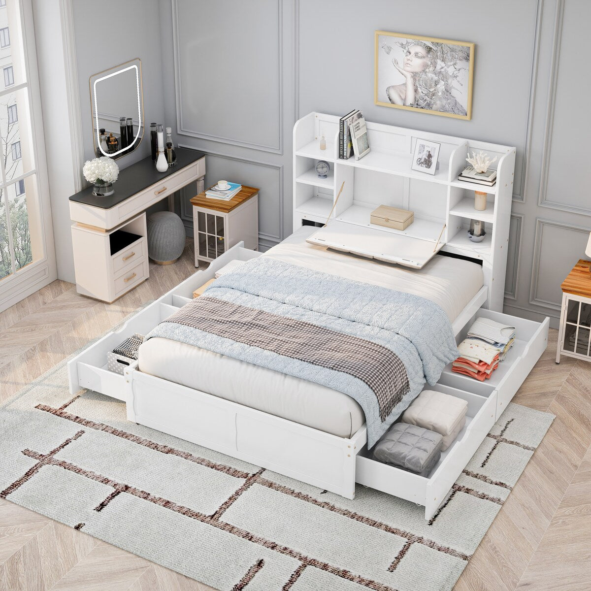 Bed Frame with 4 Under-bed Portable Storage Drawers