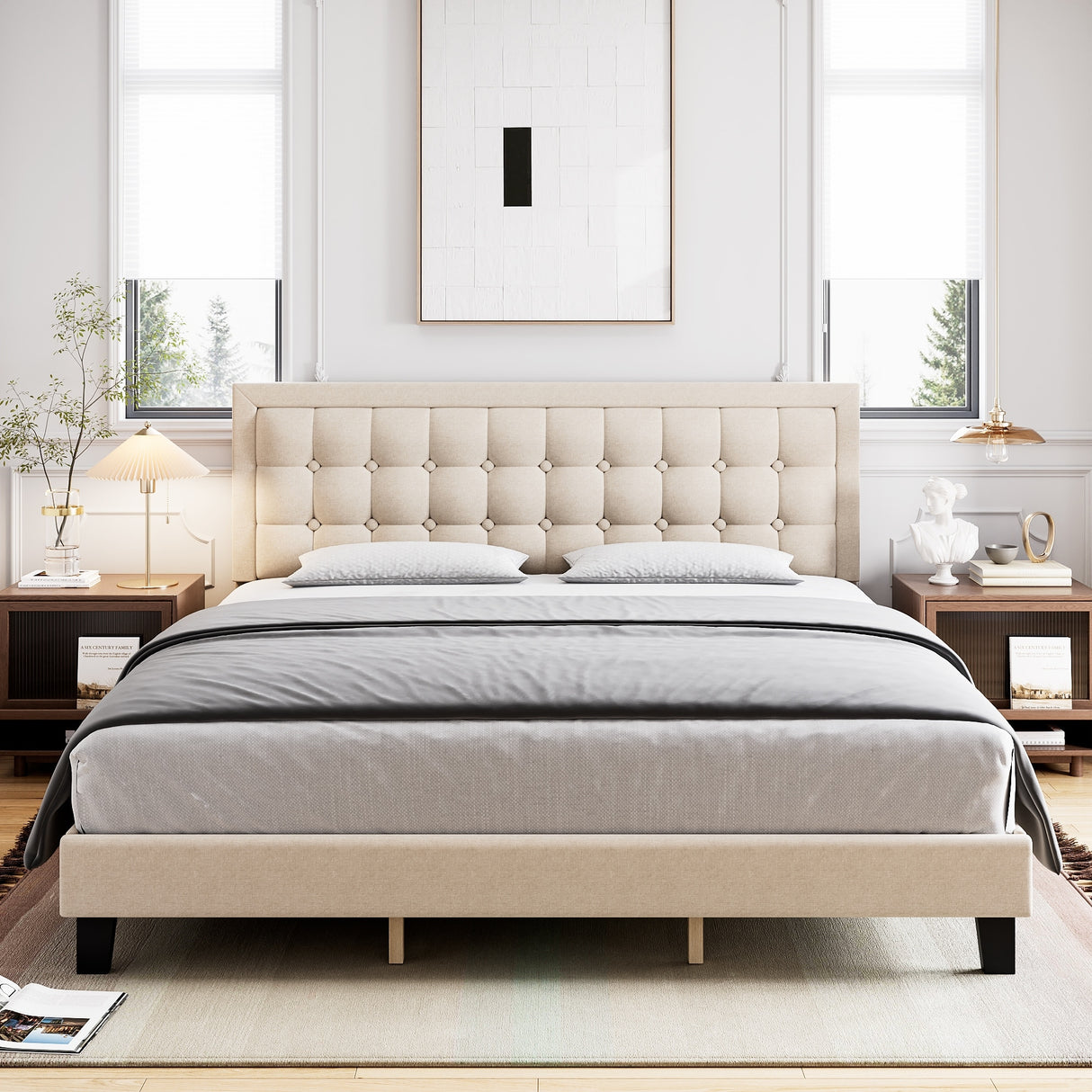 Bed Frame with Adjustable Button Headboard