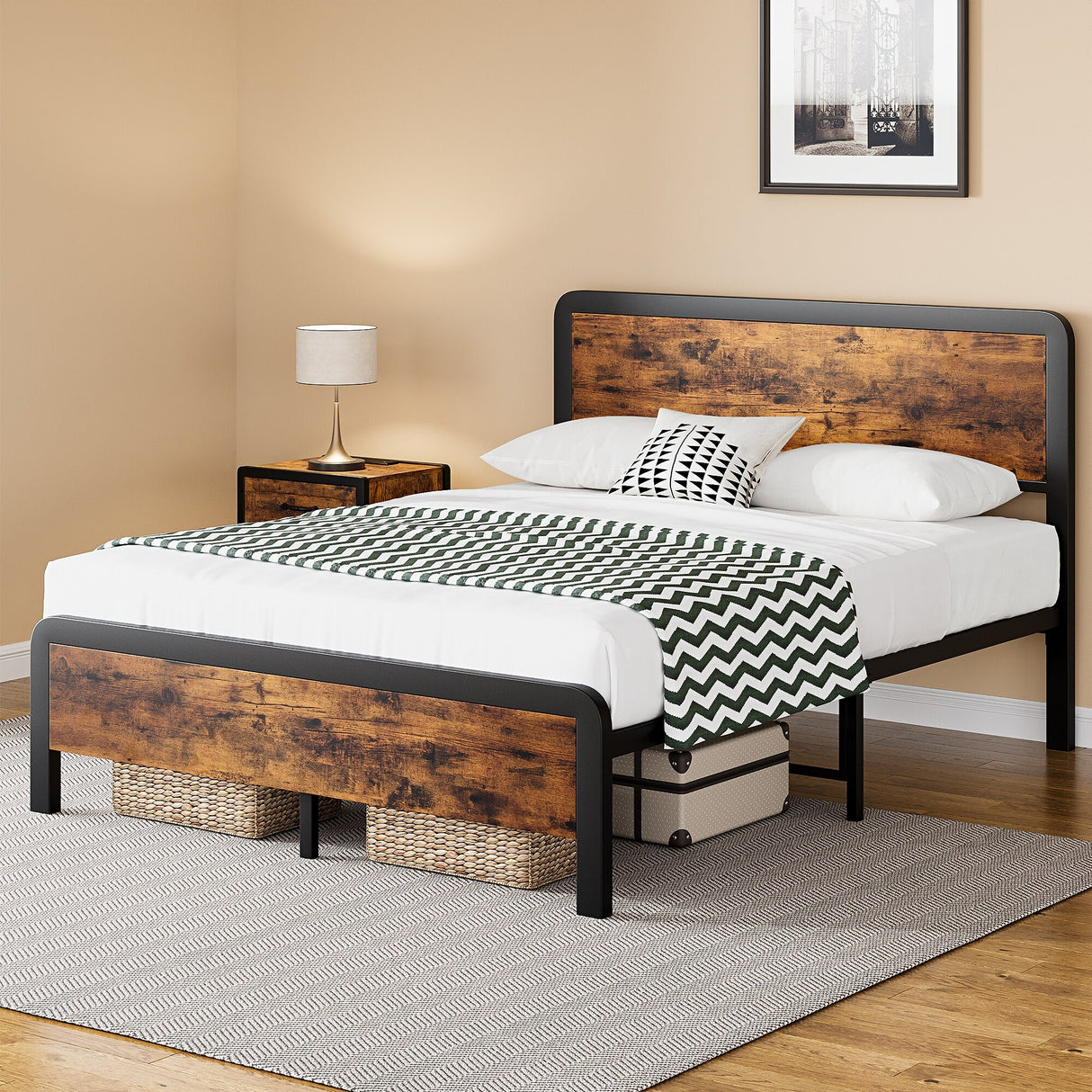 Bed Frame with Safe Rounded Corners & Strong Metal Slats Support