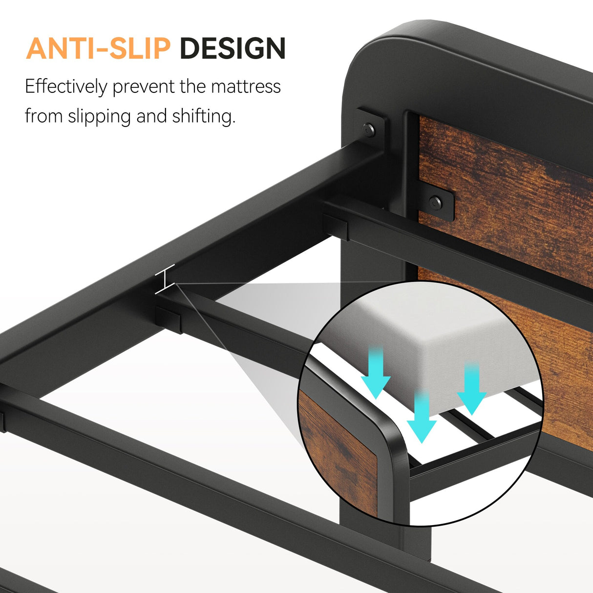 Bed Frame with Safe Rounded Corners & Strong Metal Slats Support