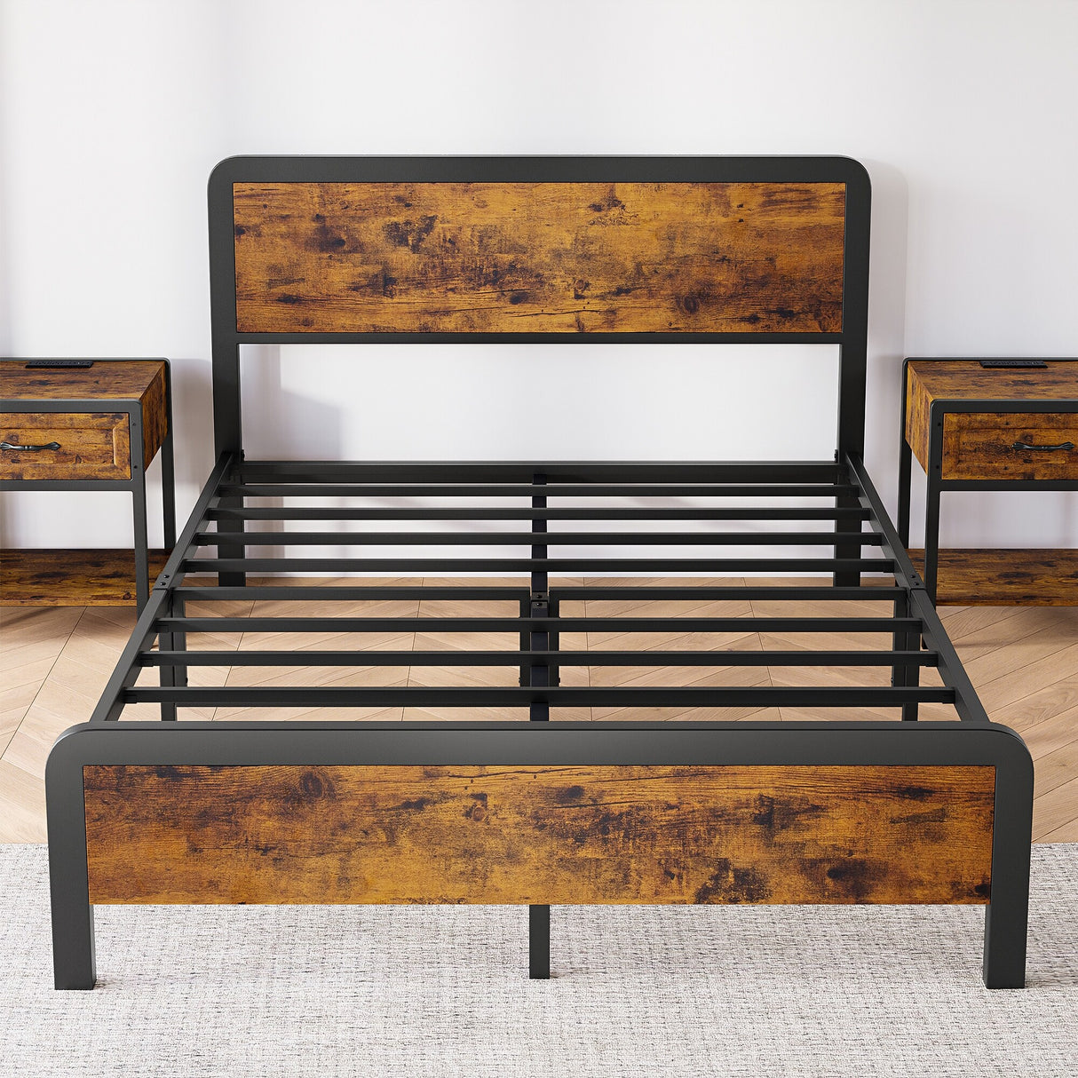 Bed Frame with Safe Rounded Corners & Strong Metal Slats Support