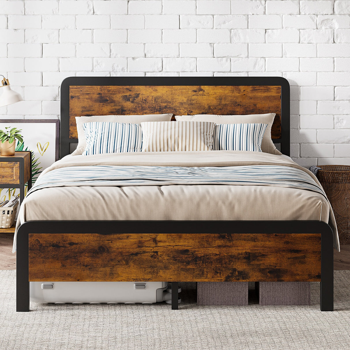 Bed Frame with Safe Rounded Corners & Strong Metal Slats Support