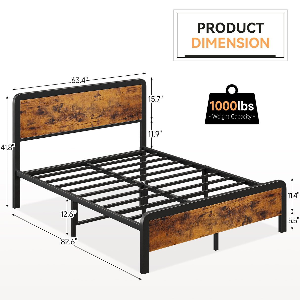 Bed Frame with Safe Rounded Corners & Strong Metal Slats Support
