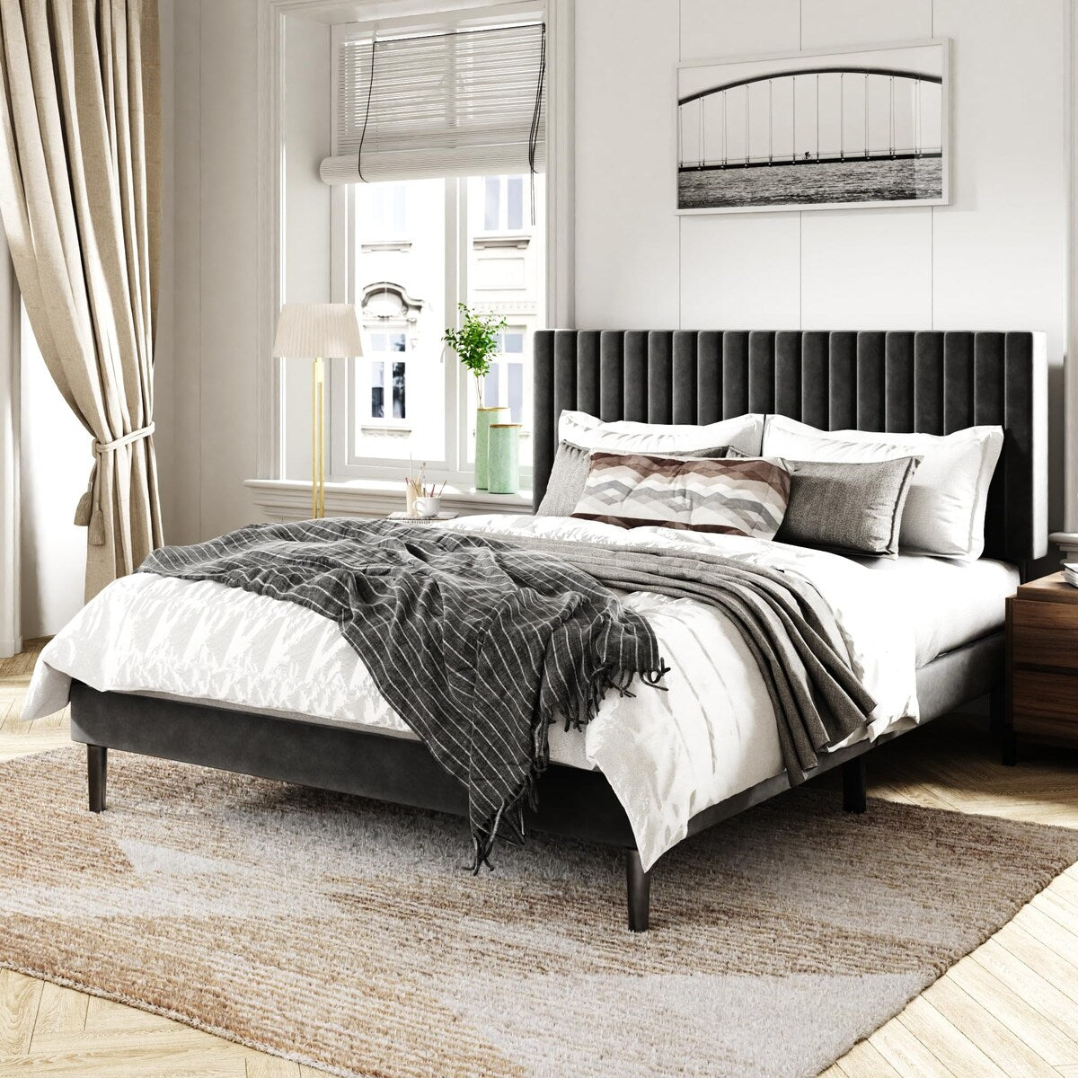 Bed Frame with Velvet Upholstered Headboard