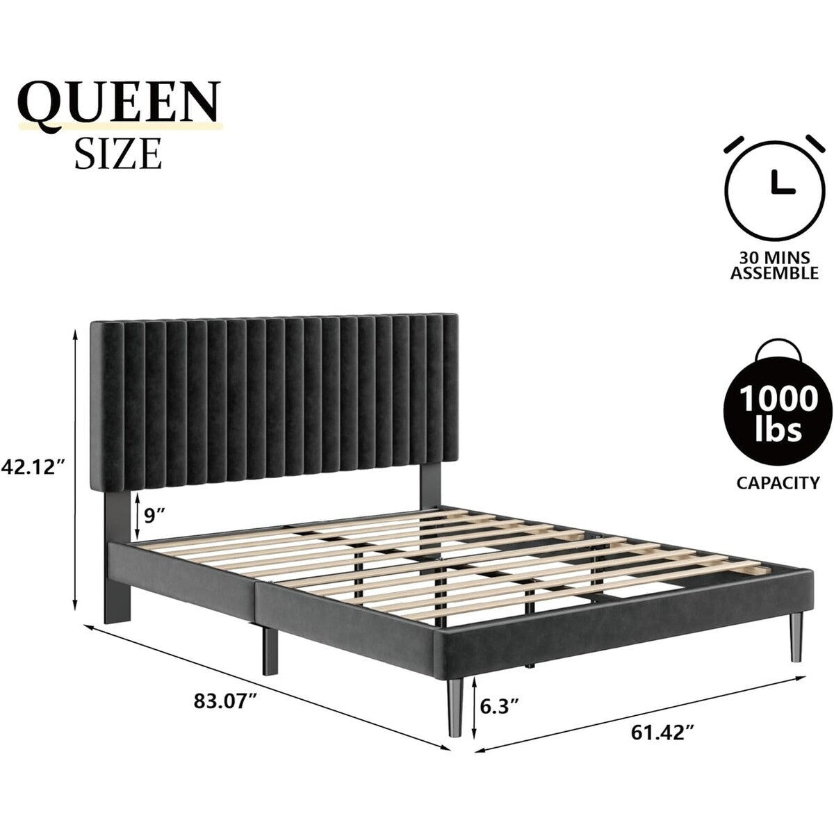 Bed Frame with Velvet Upholstered Headboard