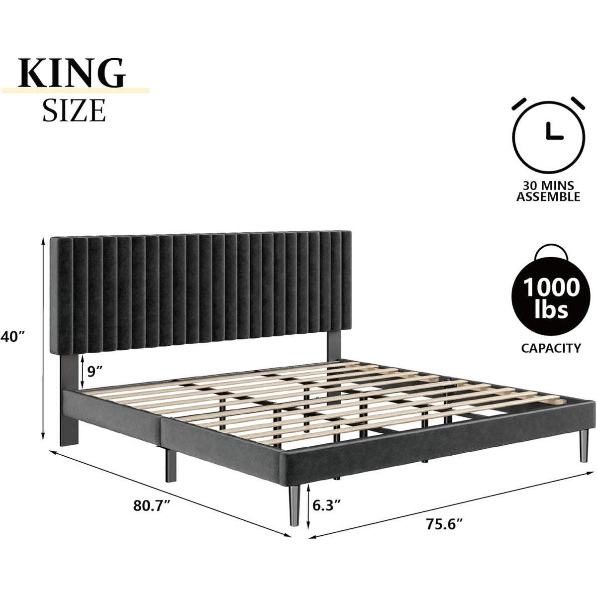 Bed Frame with Velvet Upholstered Headboard