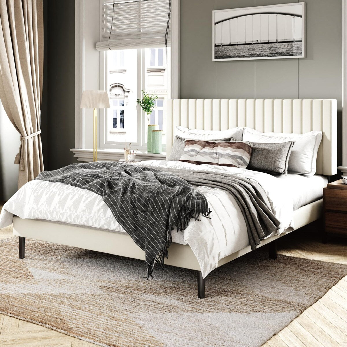 Bed Frame with Velvet Upholstered Headboard
