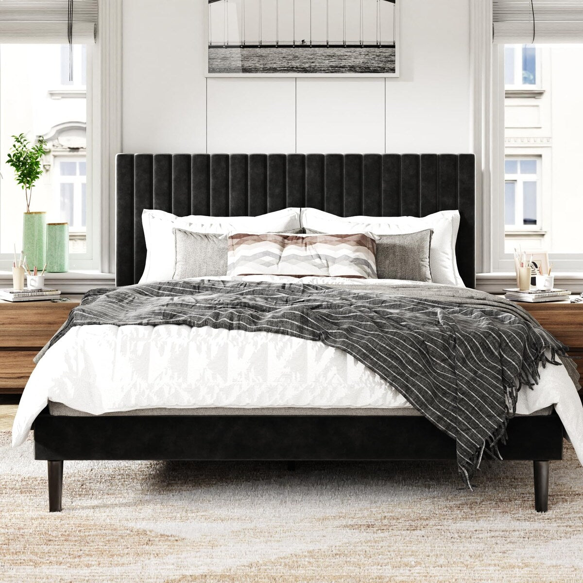 Bed Frame with Velvet Upholstered Headboard