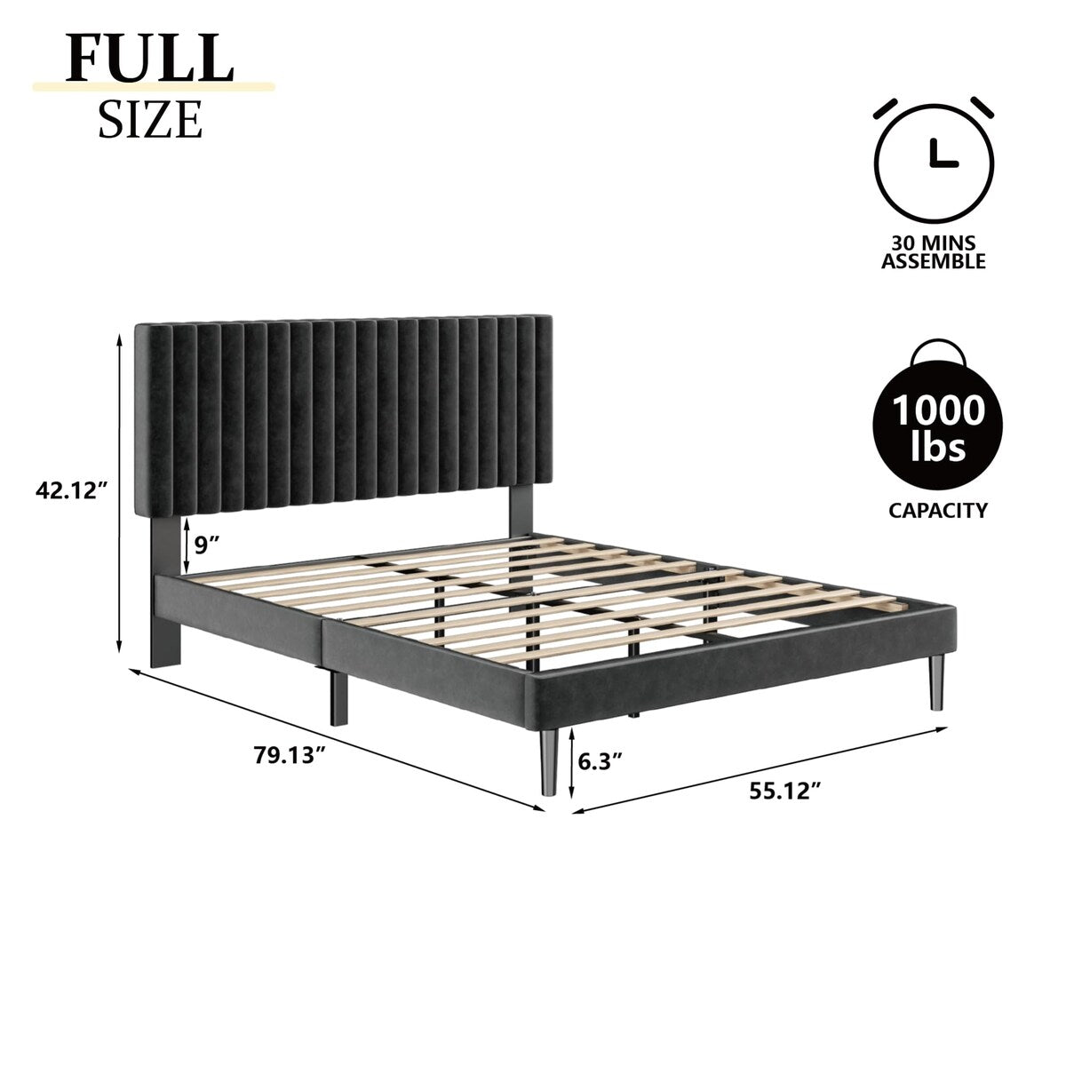 Bed Frame with Velvet Upholstered Headboard