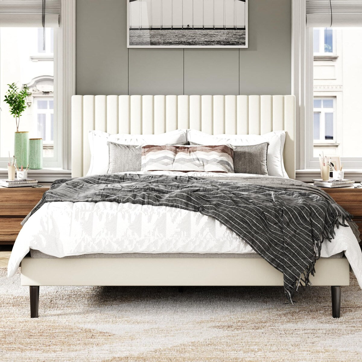 Bed Frame with Velvet Upholstered Headboard