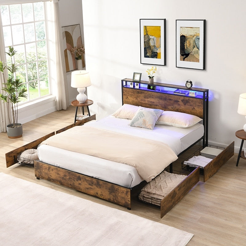 Bed Frame, Storage Headboard With Charging Station
