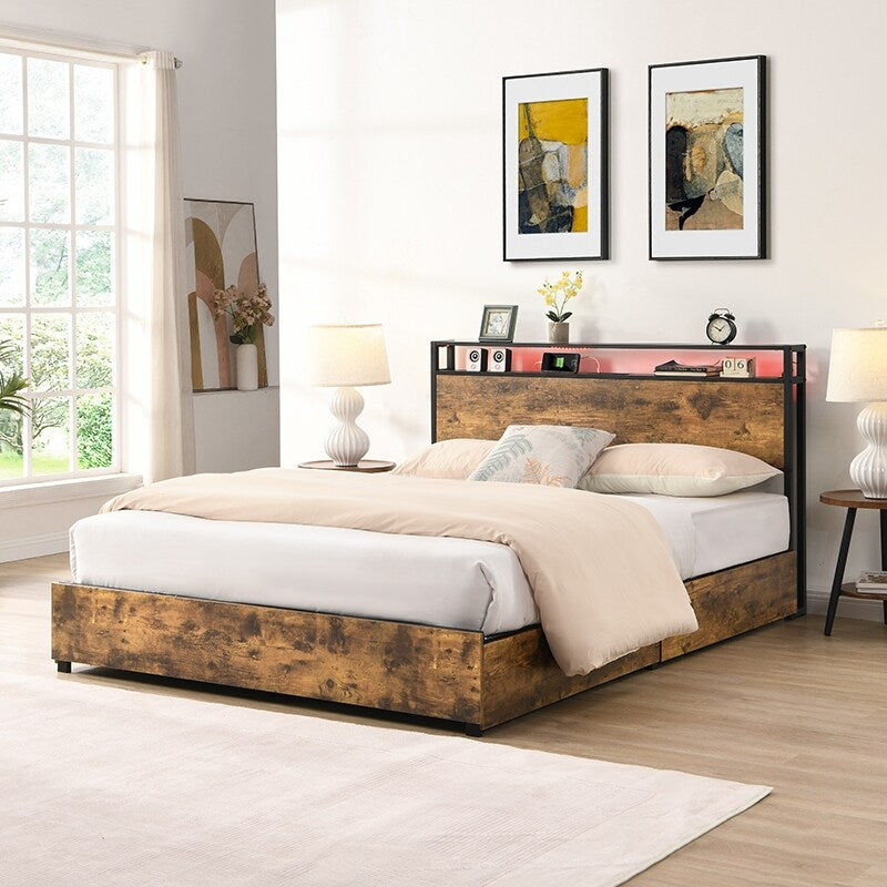 Bed Frame, Storage Headboard With Charging Station