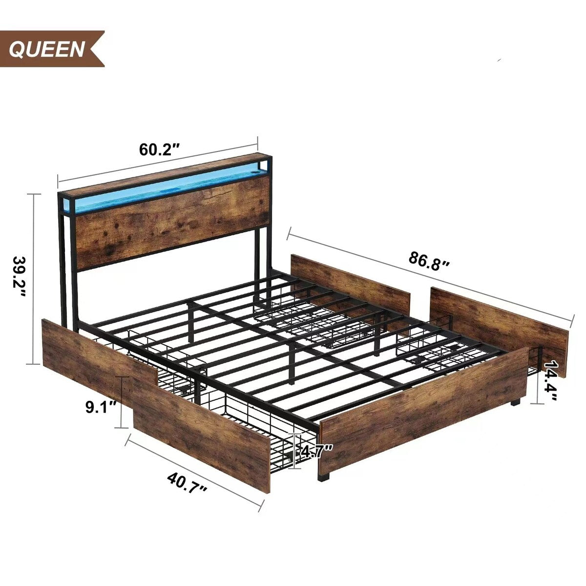 Bed Frame, Storage Headboard With Charging Station