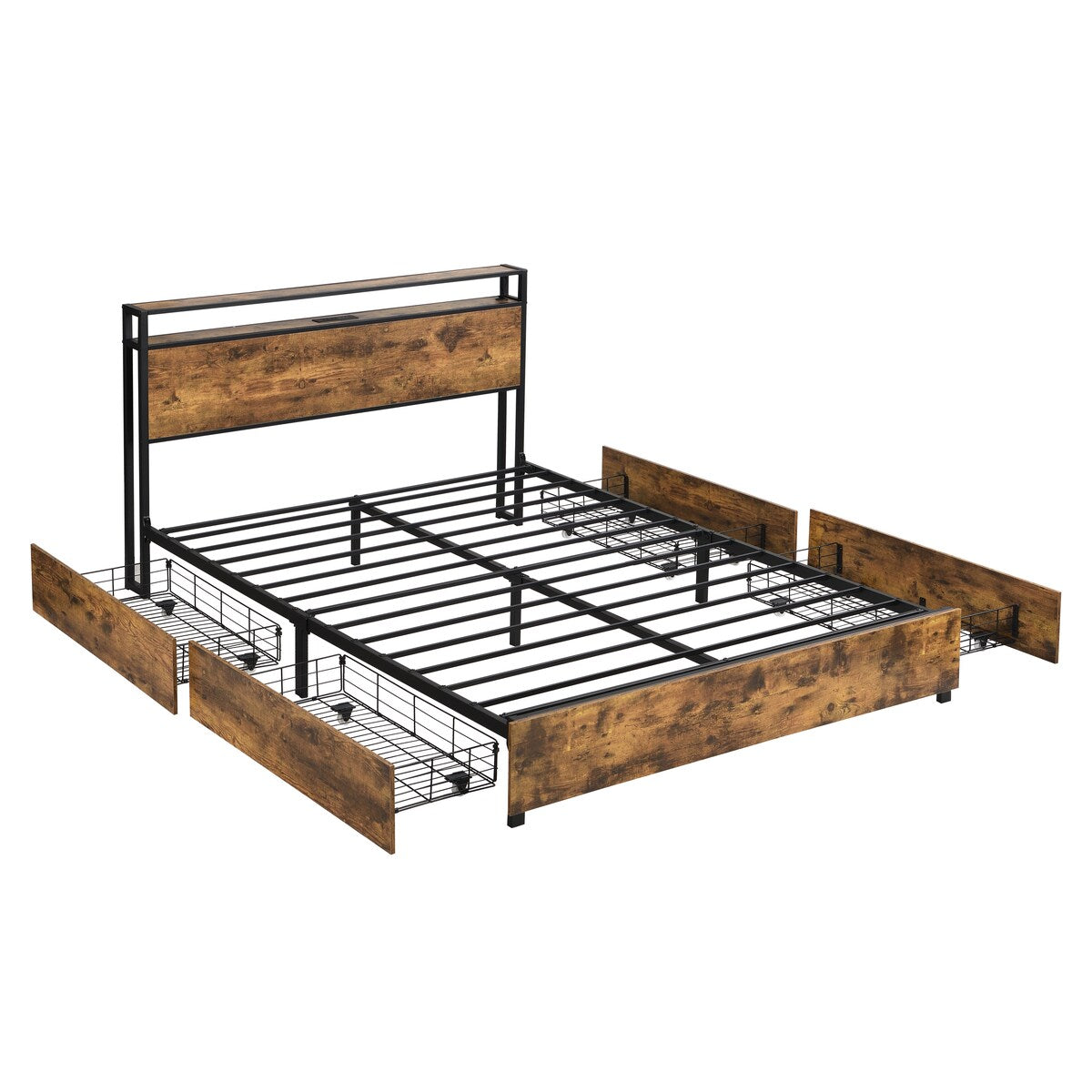 Bed Frame, Storage Headboard With Charging Station