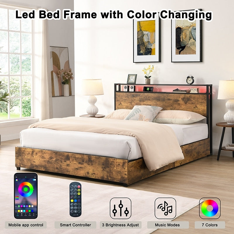 Bed Frame, Storage Headboard With Charging Station