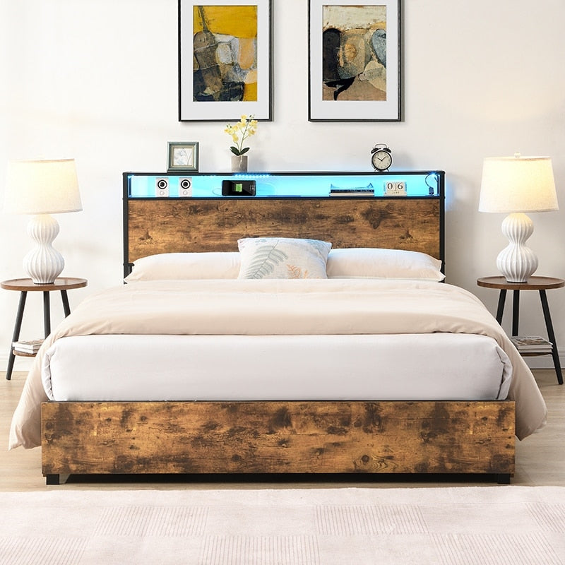 Bed Frame, Storage Headboard With Charging Station