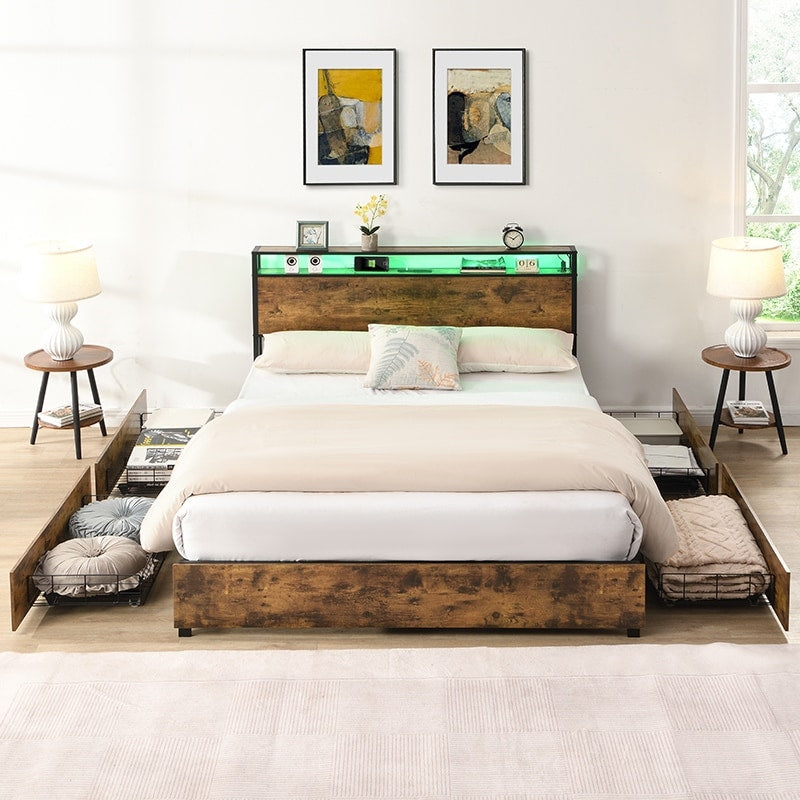 Bed Frame, Storage Headboard With Charging Station