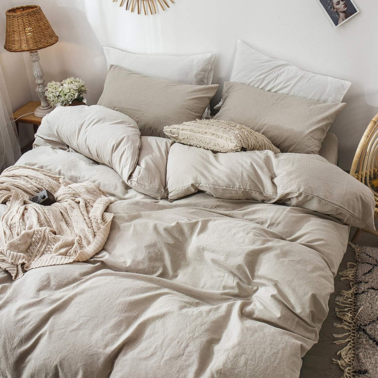Bedding Duvet Cover Set Washed Cotton Linen Like Textured