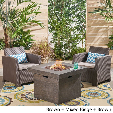 Bedrock Outdoor 2-Seater Wicker Print Club Chair Chat Set with Fire Pit by Christopher Knight Home