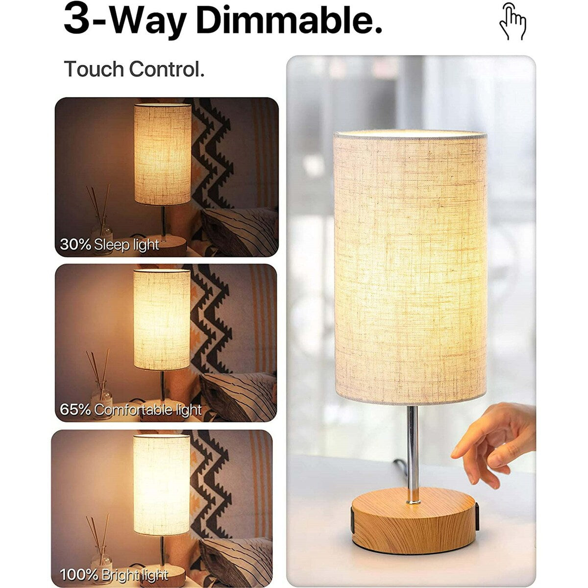 Bedroom Bedside Lamp Touch Control Table Lamp with Linen Fabric Shade
