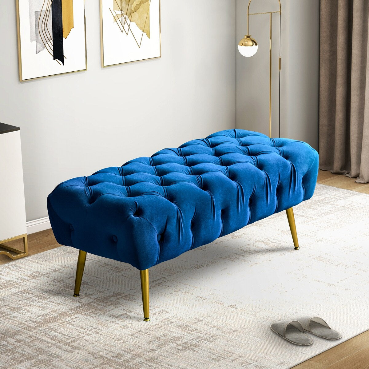 Bedroom Bench,The gold metal legs and tufted design make,polyester fabric,foam filled