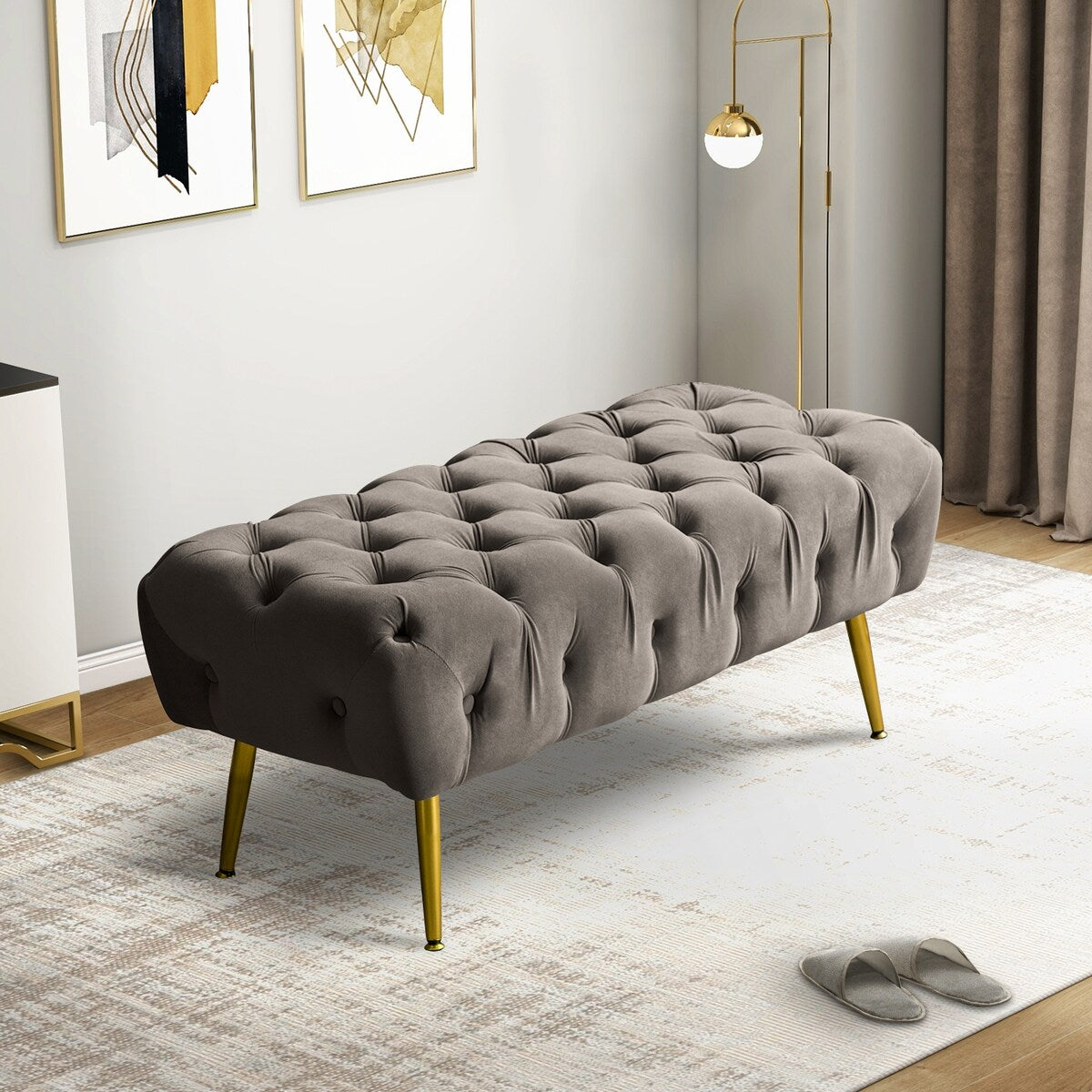 Bedroom Bench,The gold metal legs and tufted design make,polyester fabric,foam filled