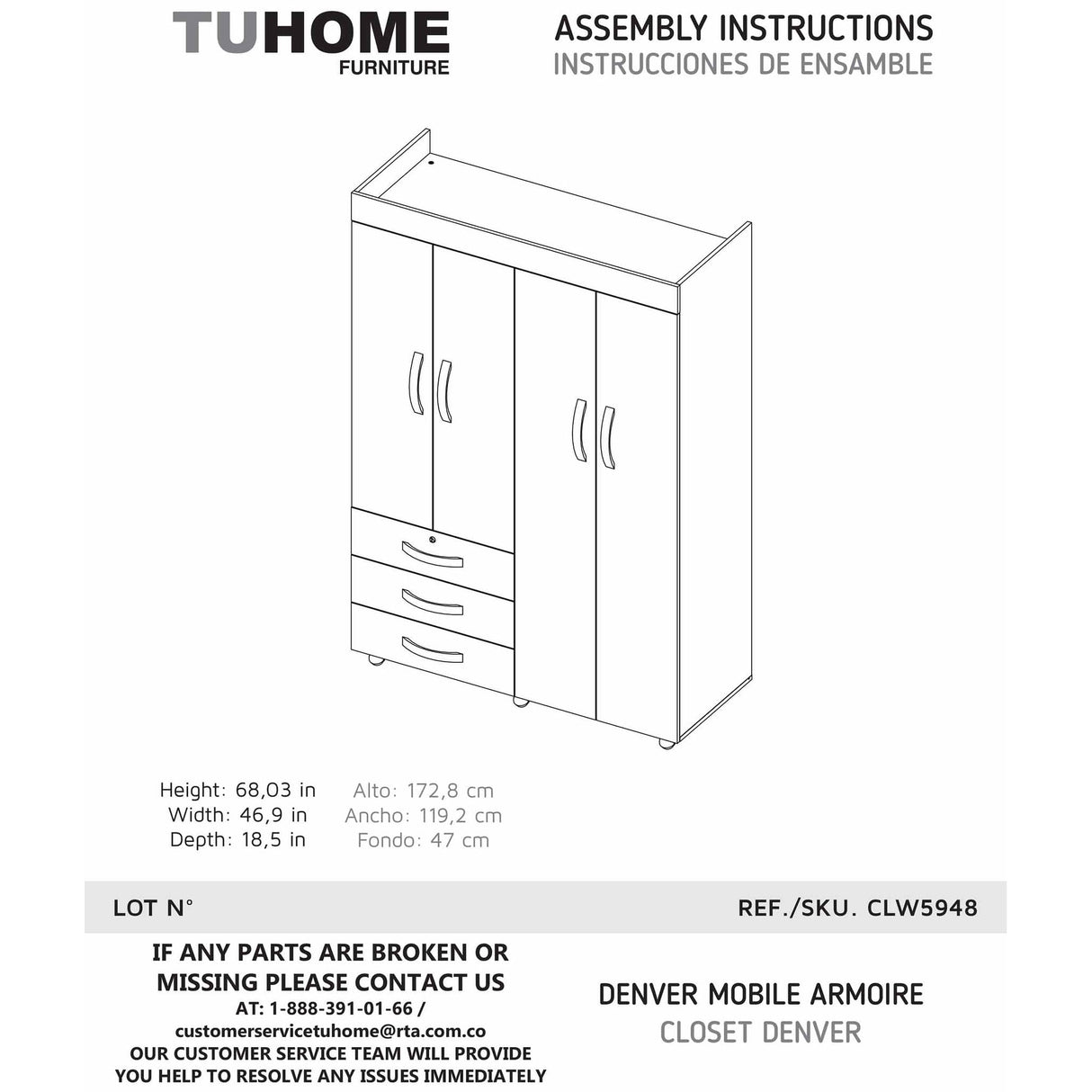 Bedroom Rectangle 4-Doors Armoire with Drawers and Shelves & Wheels