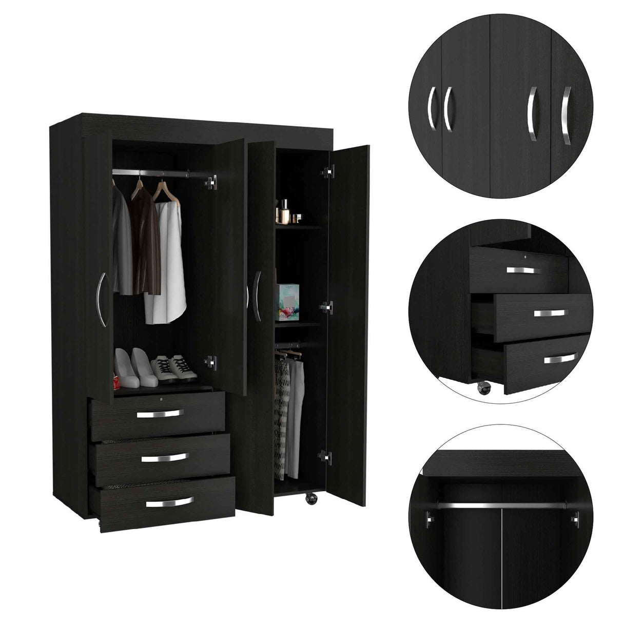 Bedroom Rectangle 4-Doors Armoire with Drawers and Shelves & Wheels