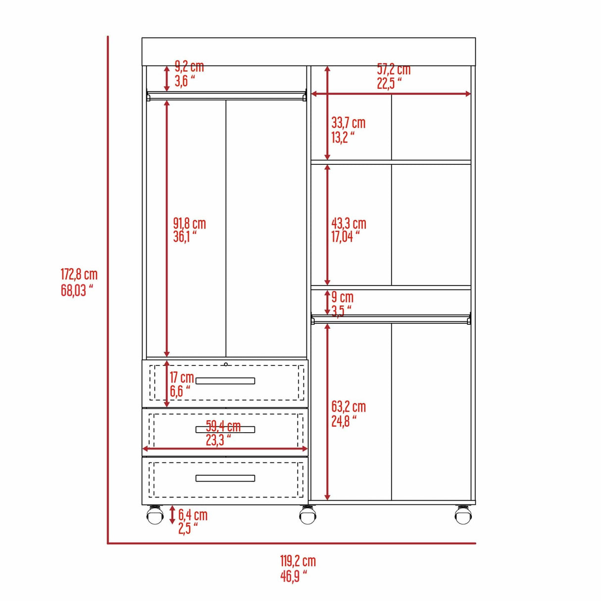 Bedroom Rectangle 4-Doors Armoire with Drawers and Shelves & Wheels