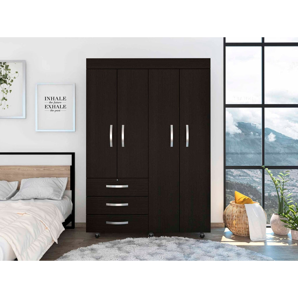 Bedroom Rectangle 4-Doors Armoire with Drawers and Shelves & Wheels