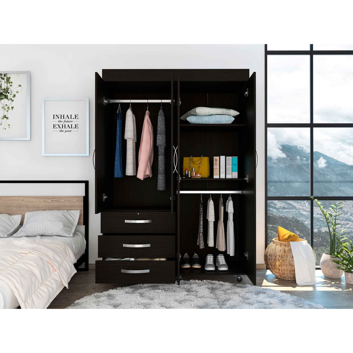 Bedroom Rectangle 4-Doors Armoire with Drawers and Shelves & Wheels
