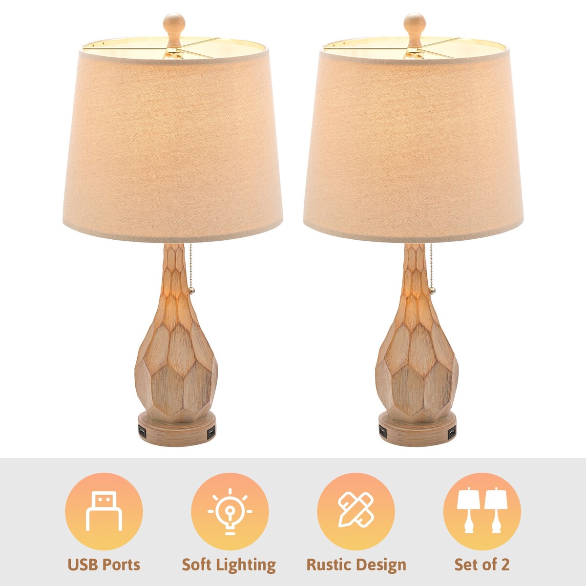Bedroom Table Lamp Set With USB Port Beige Shade
