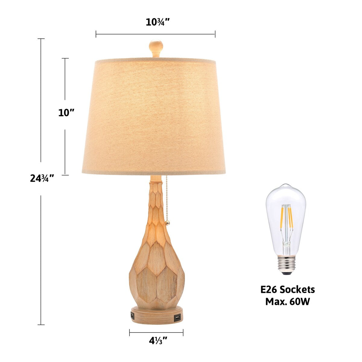 Bedroom Table Lamp Set With USB Port Beige Shade
