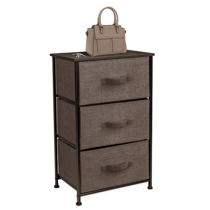 3 Drawer Nightstand Dresser Organizer Steel Frame Wood Top Fabric Bins