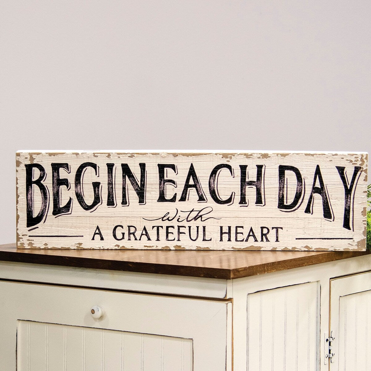 Begin Each Day With A Grateful Heart Distressed Wood Sign