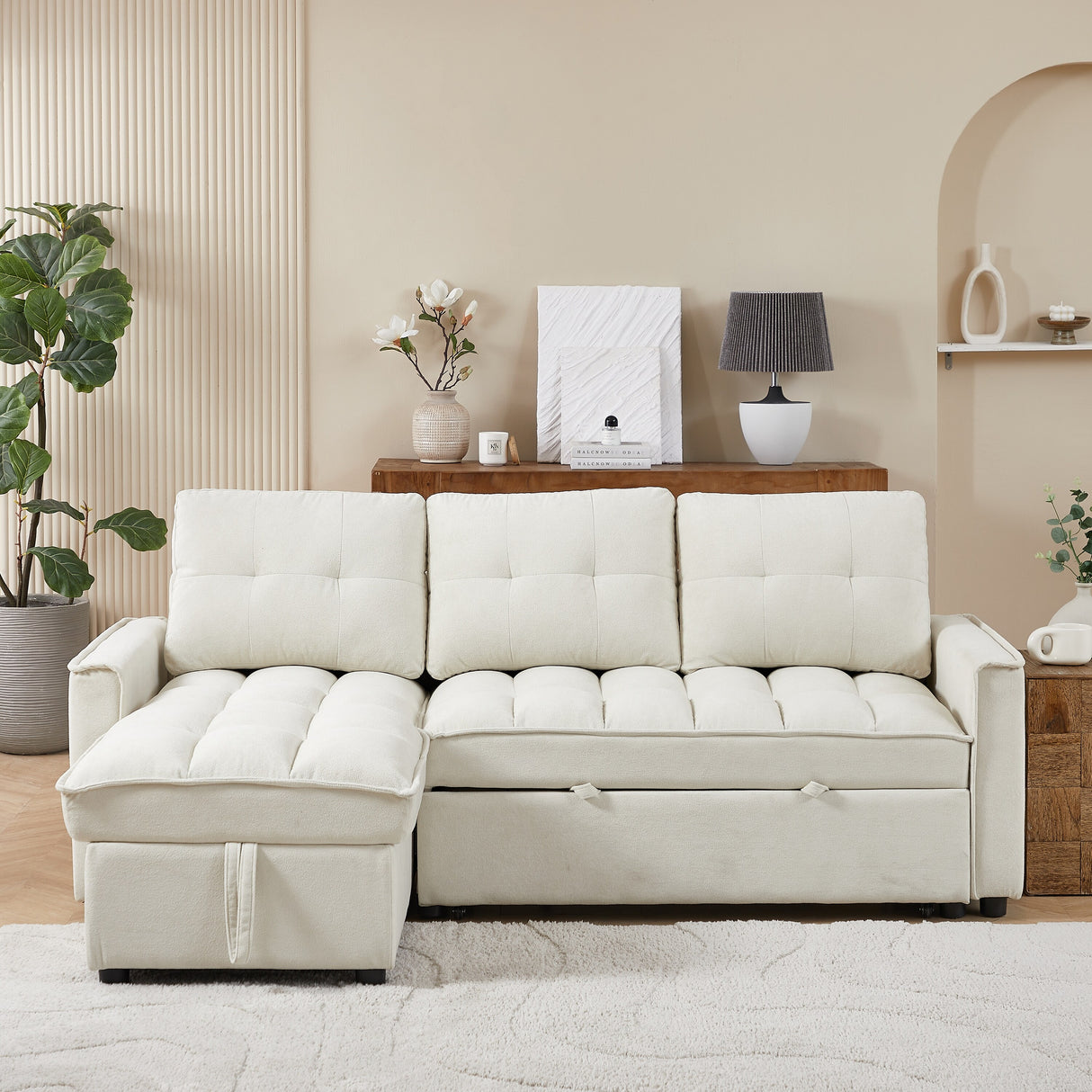Beige 78.75'' L-Shaped 3 Seater Reclining Sofa Bed with Chaise, USB Ports, Hidden Storage and Arm Pocket Organizer